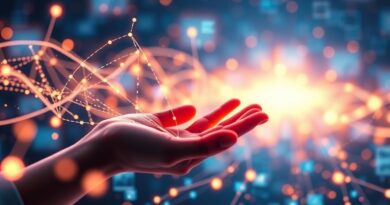 Abstrakcyjna wizja głosu nawigującego po Internecie, fale dźwiękowe splatają się w cyfrowej przestrzeni.