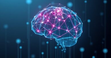 Abstrakcyjny mózg cyfrowy ze światłami i obwodami. Dane firmowe w formie wieżowca w tle.