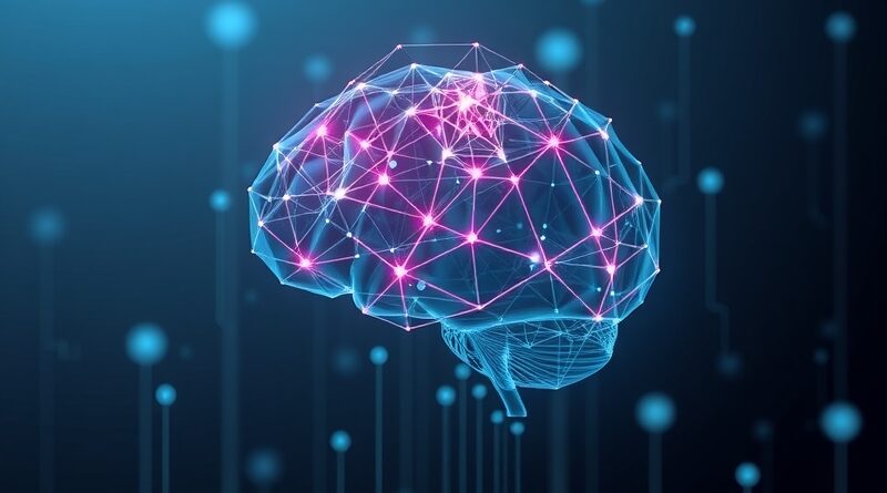 Abstrakcyjny mózg cyfrowy ze światłami i obwodami. Dane firmowe w formie wieżowca w tle.