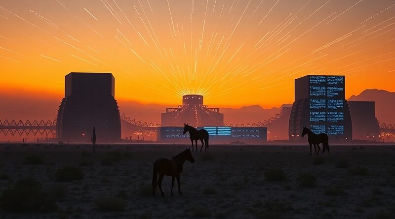Teksański krajobraz o zmierzchu: serwerownie jak ziguraty, światłowody jak gwiazdy, konie i rdzeń AI.