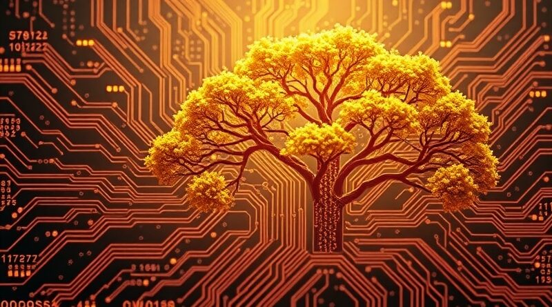 Abstrakcyjna płytka drukowana z elementami natury, symbolizująca połączenie AI i trwałości systemów analogowych.