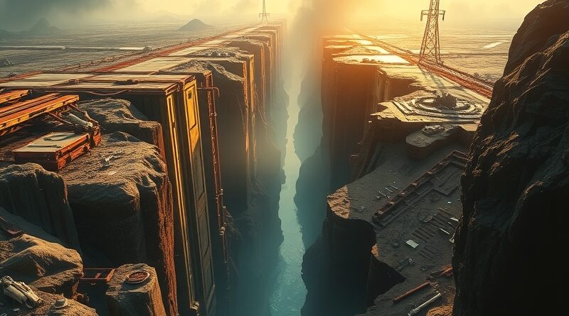 Głęboka przepaść finansowa dzieli futurystyczne obwody od przestarzałych maszyn, symbolizując rosnący rozdźwięk w zwrotach z AI.