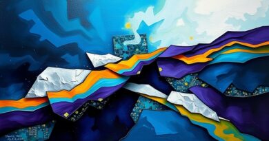 Abstrakcyjna olej, zmiany w Intelu: warstwy, błękity, srebro, innowacje, geometria przechodzi w organiczność.