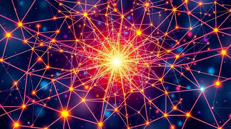 Świecąca sieć neuronowa przypominająca kosmiczny silnik wyszukiwania danych, symbolizująca przyszłość AI opartej na RAG.