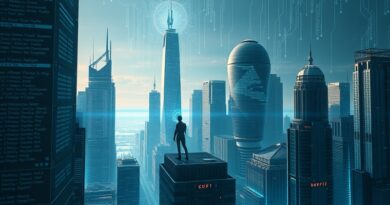 Futurystyczne miasto kodu z architektem oprogramowania, otoczone strumieniami danych i AI, 8K, Octane render.