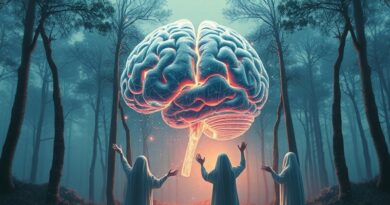 Rozfragmentowany, cyfrowy mózg w eterycznym lesie; duchy sięgają po fragmenty. Metafora psychozy AI.