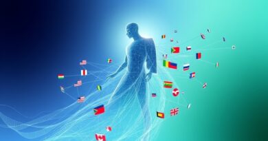 Abstrakcyjna postać strażnika z kodu chroniąca sieć. Flagi języków symbolizują globalne bezpieczeństwo AI.