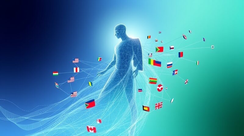 Abstrakcyjna postać strażnika z kodu chroniąca sieć. Flagi języków symbolizują globalne bezpieczeństwo AI.