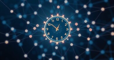 Sieć neuronowa symbolizująca redukcję spotkań. Stylizowany zegar w centrum, przepływ danych, minimalistyczna elegancja.