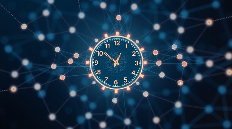 Sieć neuronowa symbolizująca redukcję spotkań. Stylizowany zegar w centrum, przepływ danych, minimalistyczna elegancja.