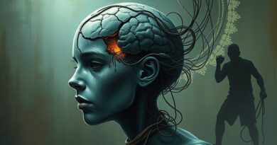 Pęknięta głowa połączona z płytą obwodów, regulator walczy z kablami. Metafora regulacji AI w zdrowiu psychicznym.