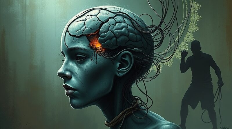 Pęknięta głowa połączona z płytą obwodów, regulator walczy z kablami. Metafora regulacji AI w zdrowiu psychicznym.