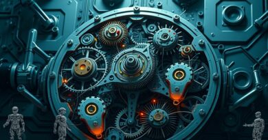 Złożony mechanizm zasilany neuralnie montuje gotowe aplikacje AI, symbolizując szybkie wdrażanie sztucznej inteligencji.