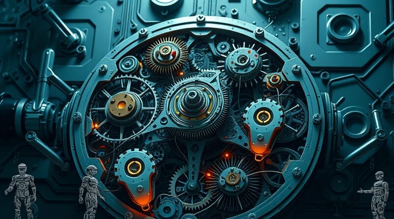 Złożony mechanizm zasilany neuralnie montuje gotowe aplikacje AI, symbolizując szybkie wdrażanie sztucznej inteligencji.