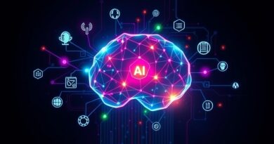 Abstrakcja no-code AI: połączone węzły danych, mózg z ikon, intuicyjność, prostota.