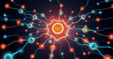 Połączenie AI chroniące rdzeń systemu. Dynamiczne kolory: głęboki błękit, elektryczna zieleń i pomarańcz. Cyberbezpieczeństwo przyszłości.