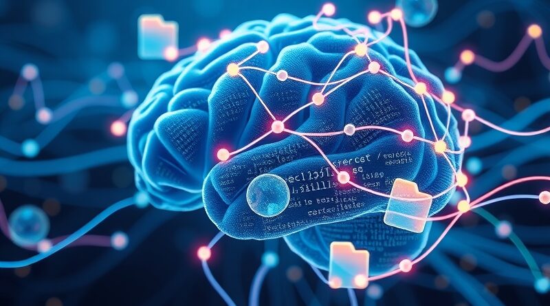 Abstrakcyjna sieć neuronowa spleciona z kodem, symbolizująca pamięć i integrację AI w programowaniu.