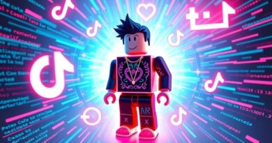 Abstrakcyjna fuzja awatara Roblox, wideo TikTok i elementów AI, symbolizująca innowacje w tworzeniu gier.