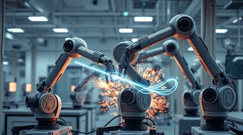 Balet robotycznych ramion w futurystycznej fabryce, taniec precyzji, innowacji i harmonii światła.