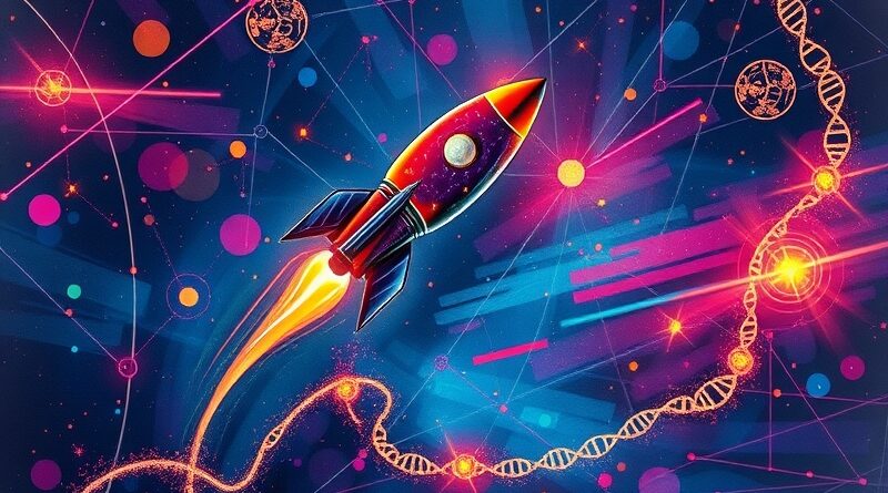 Lecąca rakieta z kodu, symbolizująca innowacje Rocket.new, startująca z mapy Indii.