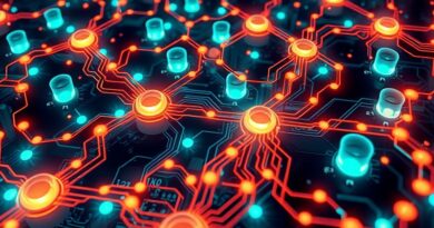 Abstrakcyjna sieć AI, zasilanie, chłodzenie, obwody. Energia, ciepło, błękity, zielenie, pomarańcze. Wyzwania centrów danych.