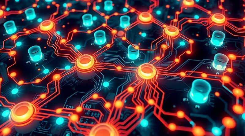 Abstrakcyjna sieć AI, zasilanie, chłodzenie, obwody. Energia, ciepło, błękity, zielenie, pomarańcze. Wyzwania centrów danych.