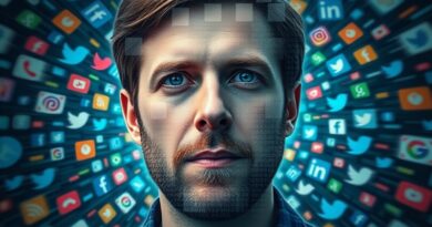 Zniekształcona twarz Sama Altmana, kod binarny, wir ikon mediów społecznościowych. Autentyczność a sztuczna inteligencja.