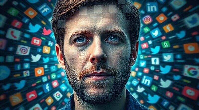 Zniekształcona twarz Sama Altmana, kod binarny, wir ikon mediów społecznościowych. Autentyczność a sztuczna inteligencja.