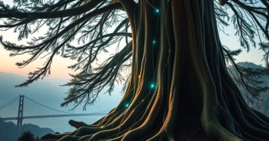 Pradawna sekwoja kalifornijska z korzeniami splecionymi z kablami AI, w tle Złote Wrota.
