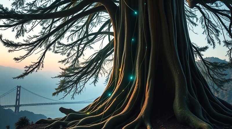 Pradawna sekwoja kalifornijska z korzeniami splecionymi z kablami AI, w tle Złote Wrota.