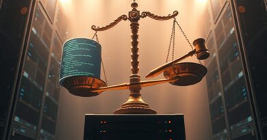 Chwiejna waga: z jednej strony kod, z drugiej sędziowski młotek. AI sędzia.