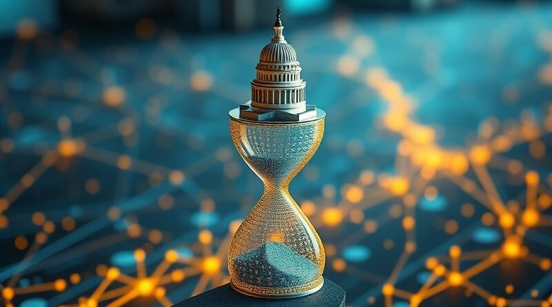 [ "Senator balansuje na klepsydrze AI, kodeks binarny kontra chaotyczne sieci neuronowe, Kapitol w tle." ]