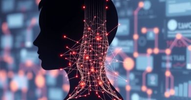 Abstrakcyjna sylwetka człowieka utworzona z cyfrowych strumieni, symbolizująca agentów AI Sierra dla obsługi klienta.