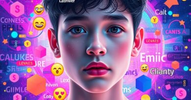 Twarz młodego człowieka łącząca się z cyfrowym płótnem AI, pełnym abstrakcji, emoji i tekstu. Neonowo-pastelowa paleta.