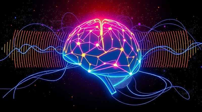 Abstrakcyjna reprezentacja cyfrowego mózgu przetwarzającego czyste fale dźwiękowe i usuwającego zakłócenia.