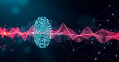 Eteryczna fala dźwiękowa przechodząca w cyfrowy odcisk palca na tle sieci danych Spotify.