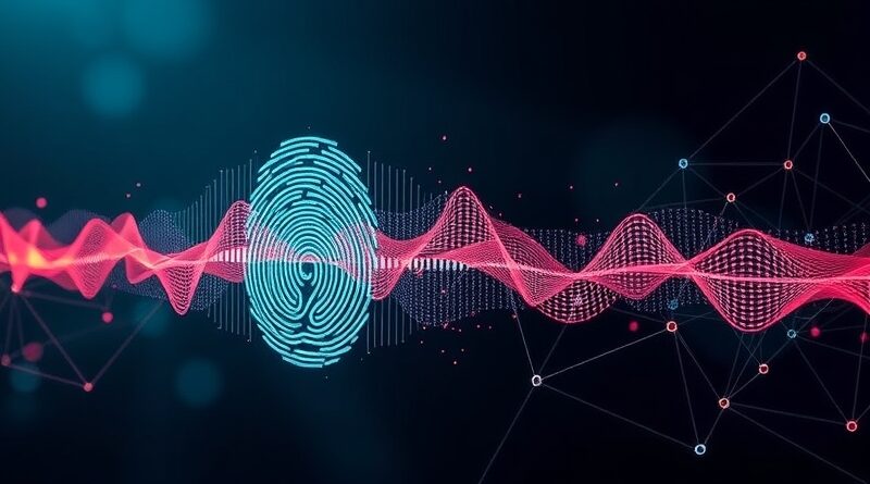 Eteryczna fala dźwiękowa przechodząca w cyfrowy odcisk palca na tle sieci danych Spotify.