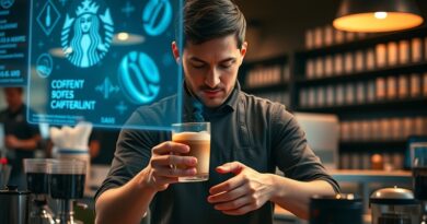 Barista robi latte w futurystycznym Starbucks, otoczony hologramami danych o zapasach.