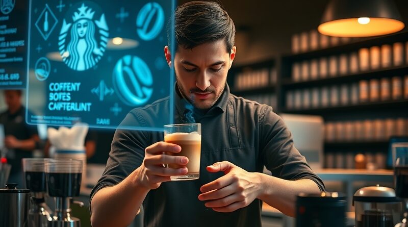Barista robi latte w futurystycznym Starbucks, otoczony hologramami danych o zapasach.