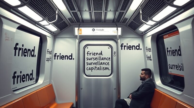Wnętrze wagonu metra w Nowym Jorku, białe reklamy "Friend", graffiti "Surveillance Capitalism", zamyślony pasażer.