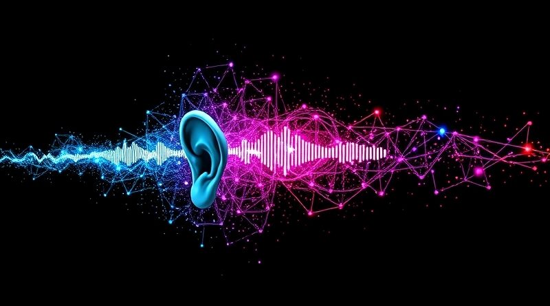 Lśniąca fala dźwiękowa przechodzi w ucho, otoczona galaktyką danych. Ilustracja AI Step-Audio 2 Mini.