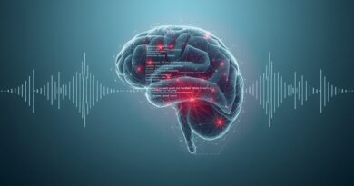 Głowa skąpana w świetle neuralnej sieci, fale dźwiękowe, kod, technologia, otwarte oprogramowanie, AI.