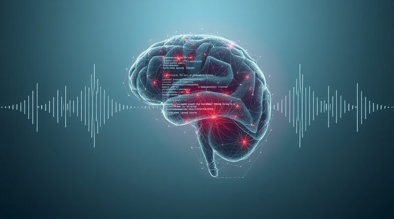 Głowa skąpana w świetle neuralnej sieci, fale dźwiękowe, kod, technologia, otwarte oprogramowanie, AI.