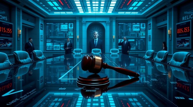 [ "Hiperrealistyczna sala posiedzeń Fed. Hologramy danych, rozbity młotek, chłodne światło, ukryte kamery polityków." ]