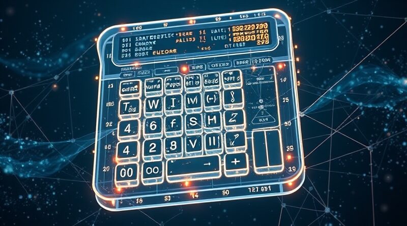 [ "Abstrakcyjny, cyfrowy kalkulator słów z frazami i symbolami w kosmicznej przestrzeni, wizualizacja sztucznej inteligencji." ]