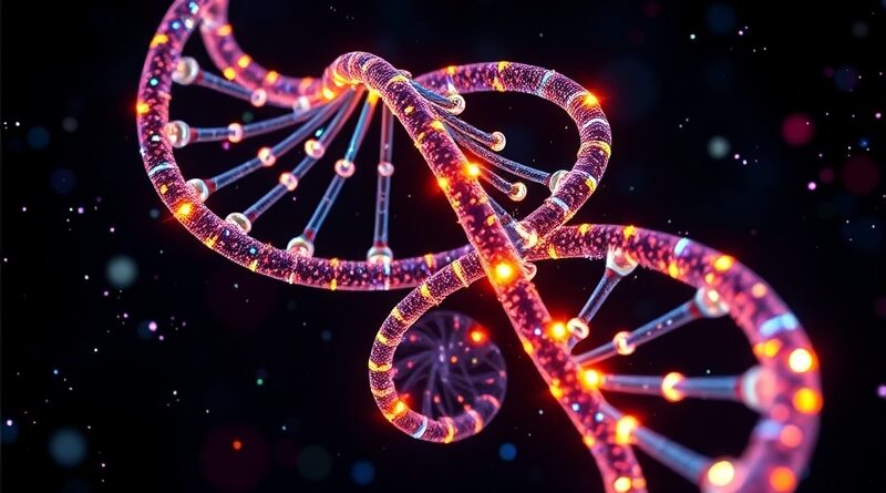 Spiralna galaktyka DNA i sieci neuronowe, bioluminescencja, kosmiczne tło. Symbol AI w bioinformatyce.