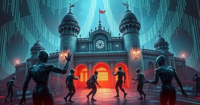 Cyfrowa forteca pod oblężeniem, starcie AI w cyberwojnie, połączenie klasyki i futurystyki, intensywne kolory, napięcie i innowacja.