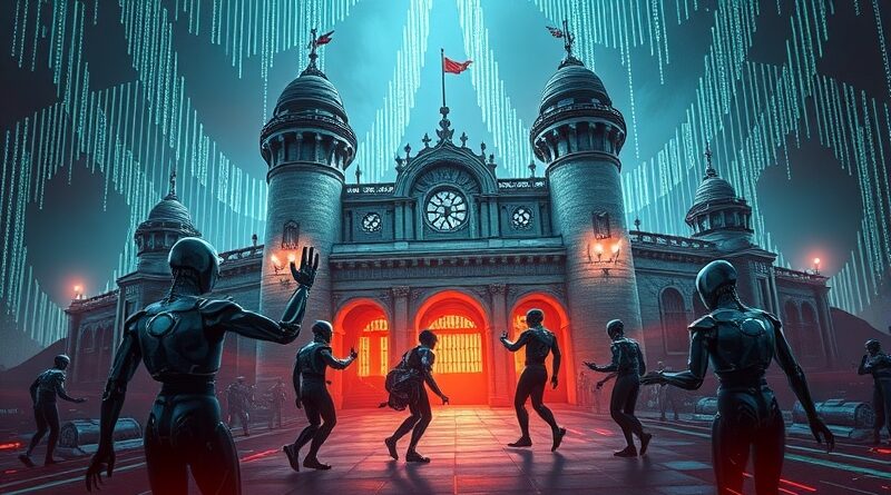 Cyfrowa forteca pod oblężeniem, starcie AI w cyberwojnie, połączenie klasyki i futurystyki, intensywne kolory, napięcie i innowacja.