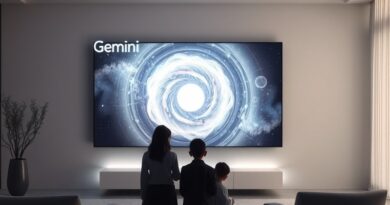 Rodzina podziwia nebulę na futurystycznym ekranie z napisem "Gemini AI". Nowa era Google TV.