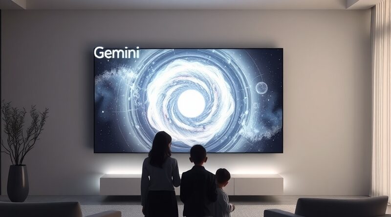 Rodzina podziwia nebulę na futurystycznym ekranie z napisem "Gemini AI". Nowa era Google TV.